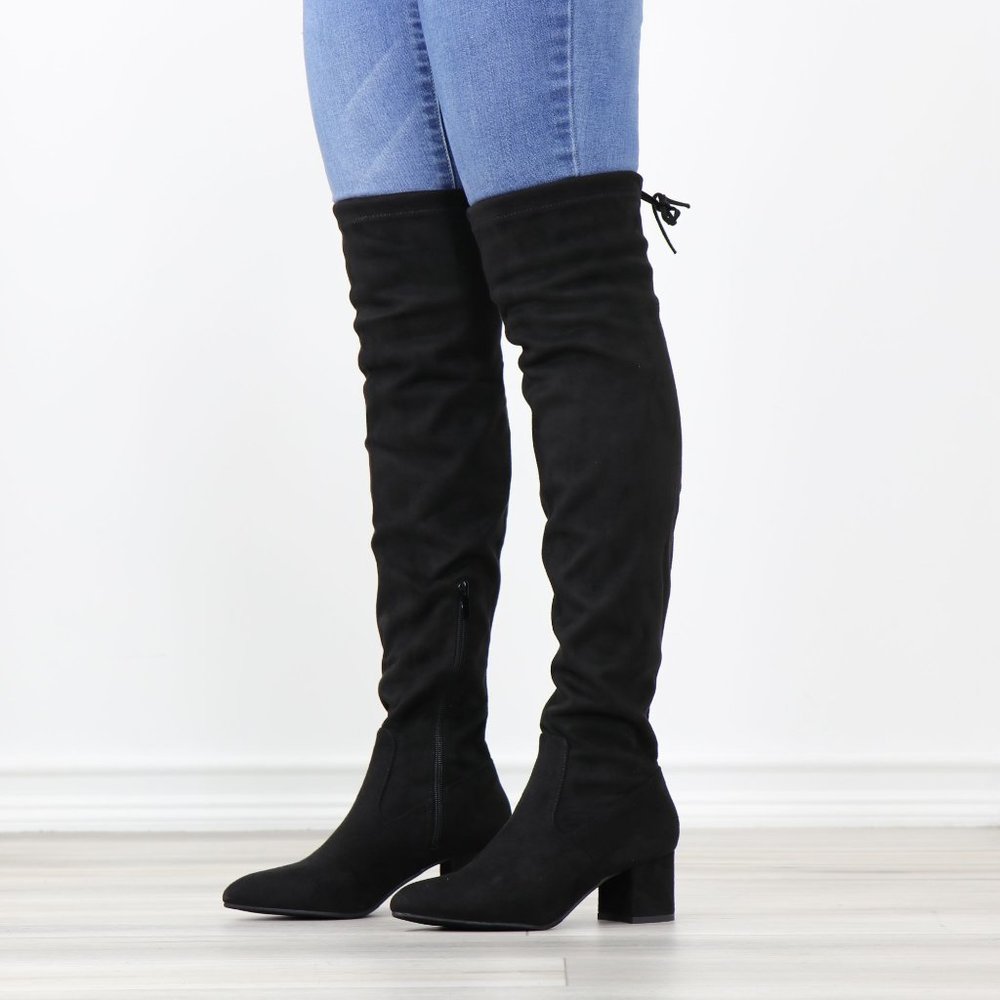 Black Faux Suede Pointy Toe Thigh High Over The Knee Low Block Heel Boots_14